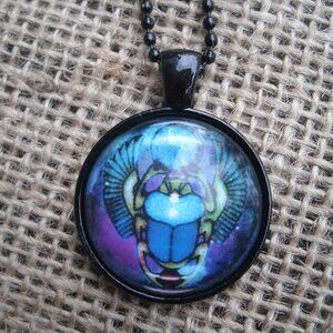 Egyptian Scarab with Solar Disc Glass Cabochon Necklace